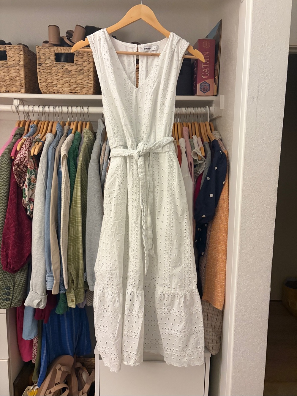 Sonoma White Eyelet Tie-Waist Midi Dress